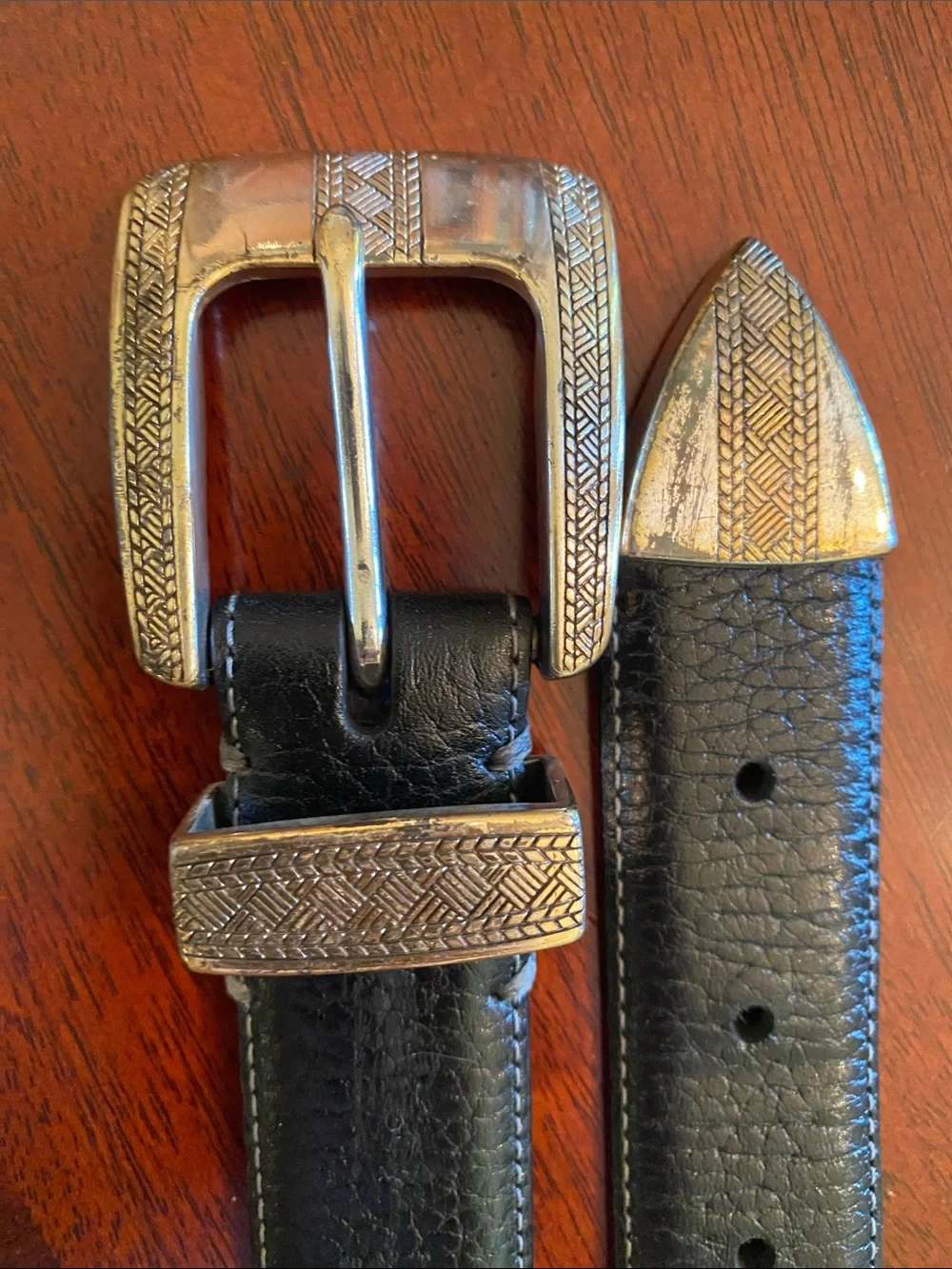 Johnston & Murphy Leather Belt with Decorative Etched Metal Buckle, Keeper & Tip